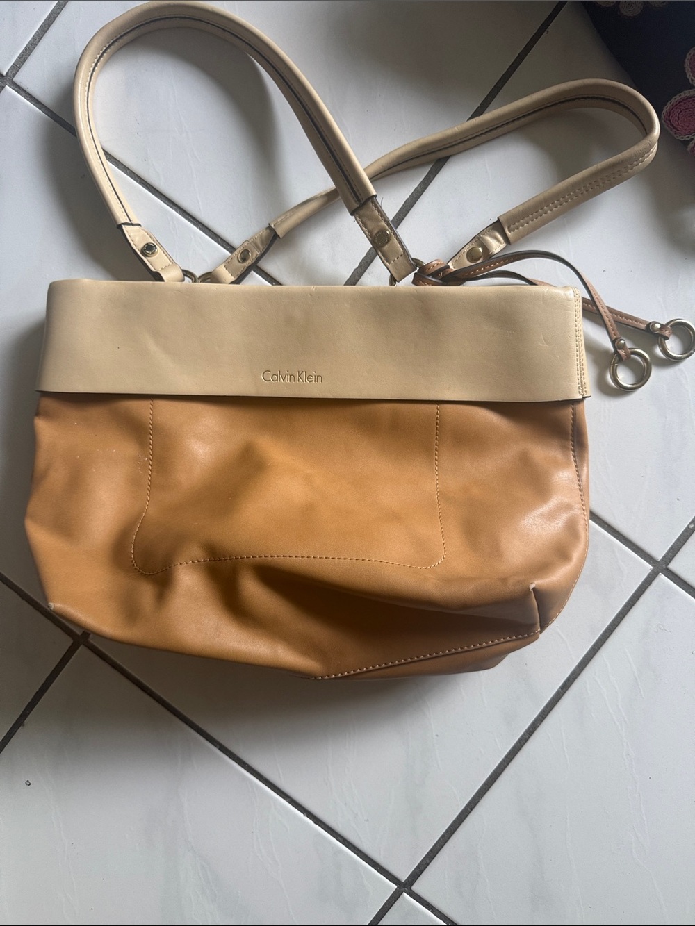 Calvin Klein Two-Tone Leather Tote in Tan and Cream